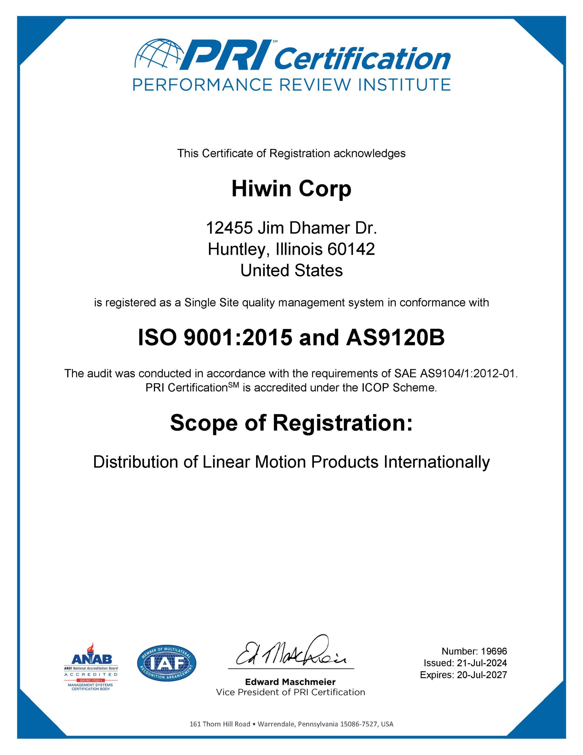 Huntley USA ISO Certificate